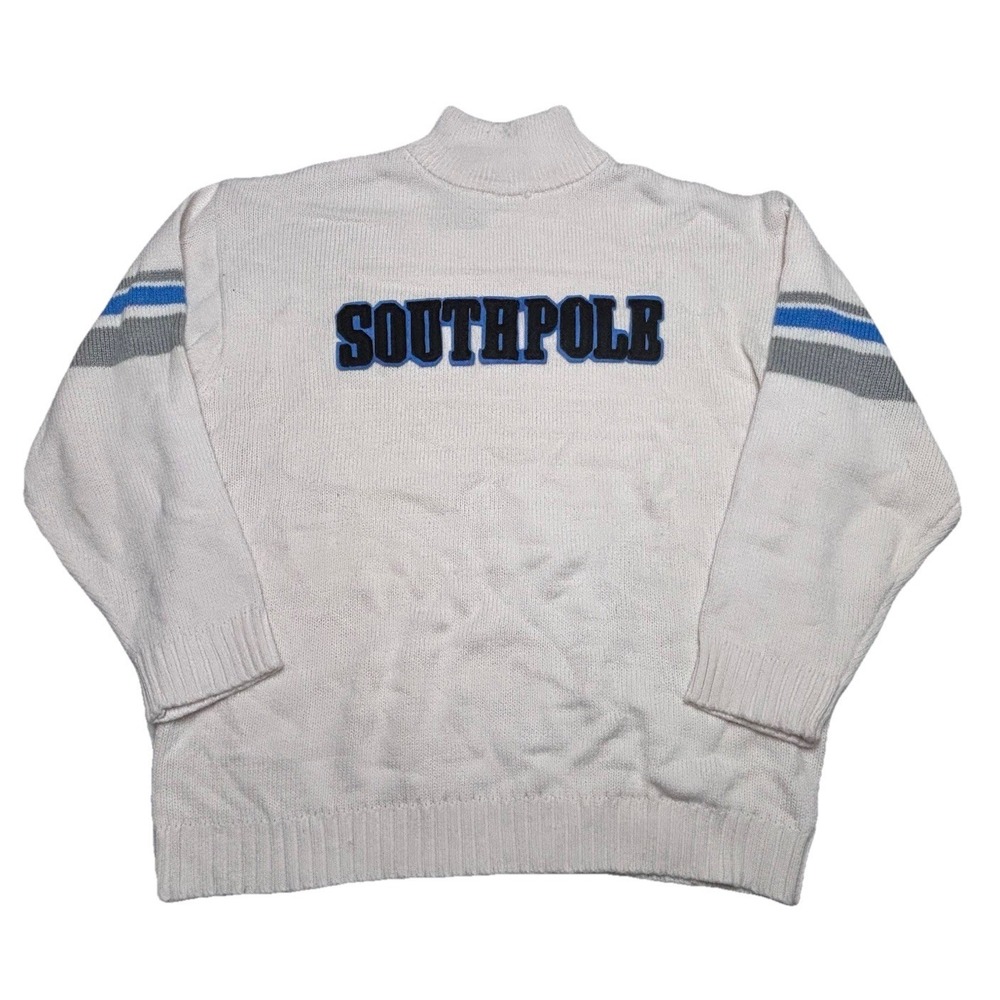 Y2K Southpole Sweater XXL White Knit Blue Chenille Logo Striped Sleeve Vintage